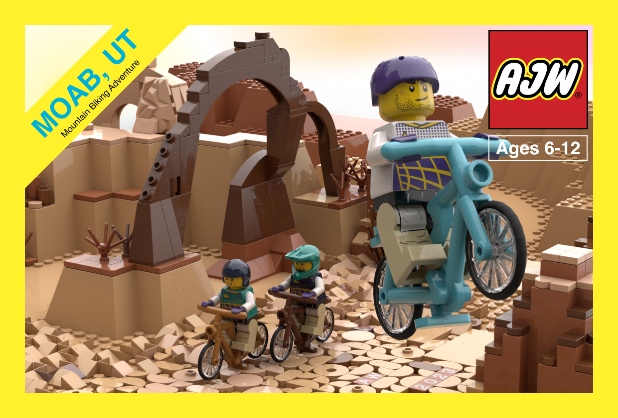 2023 postcard of Lego Aaron riding a mountain bike