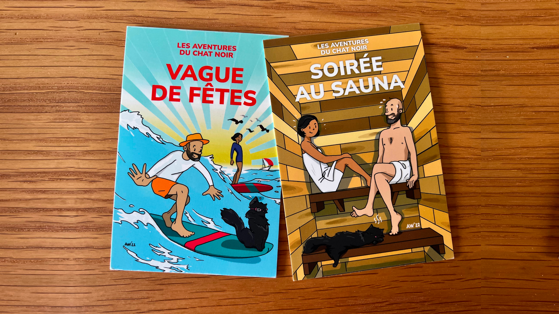 2020 postcard of a Tintin-style Aaron surfing and sweating in a sauna