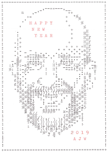 2019 postcard of a ASCII portrait of Aaron done with a typewriter